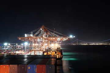 Container terminal in night under cargo operation in Pusan, South Korea.