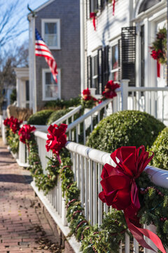 USA, Massachusetts, Nantucket Island. Nantucket Town, Christmas Decorations