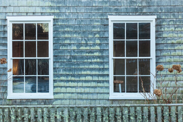 USA, Massachusetts, Nantucket Island. Siasconset, village cottage window detail.