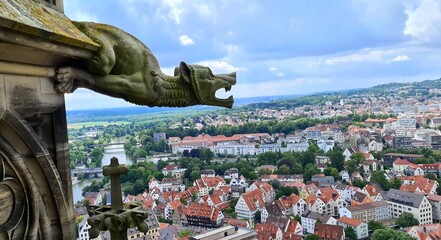 Gargoyle on Ulm cathedral in Germany overlooking the city