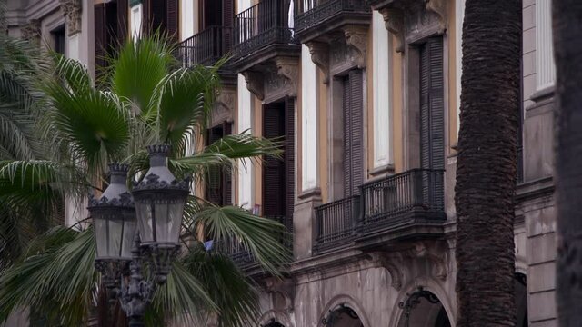 Palm Tree And Decorative Street Lights Before A Decorative Fa�ade Of Yellow And White With Wrought Iron Balconies In Sunshine
