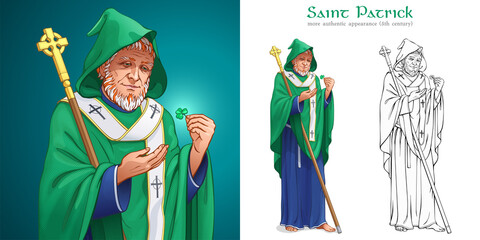 Saint Patrick. Christian missionary and Patron of Ireland is dressed in green hooded vestment and blue robe. Medieval Irish Bishop holds the staff with a gold Celtic cross and looks at the shamrock.