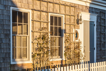 USA, Massachusetts, Nantucket Island. Siasconset, village cottage window detail.