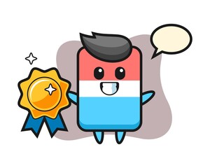 Eraser mascot illustration holding a golden badge
