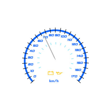 Speedometer, Gauge Meter Indicator Or Speed Level Graph, Vector Car Speed And Velocity Measure Icon. Speedometer Of Car Dashboard With Kilometer Per Hour Counter, Blue Yellow Odometer Arrow Gauge