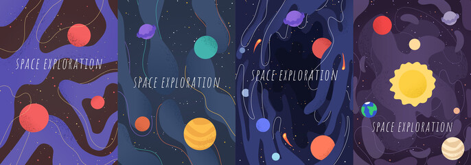 Vector illustration in abstract flat style. Minimalistic color space. Space exploration concept. A4 posters with copy space for text. Set of violet backgrounds. Creative dark wallpaper. Modern design © VVadi4ka