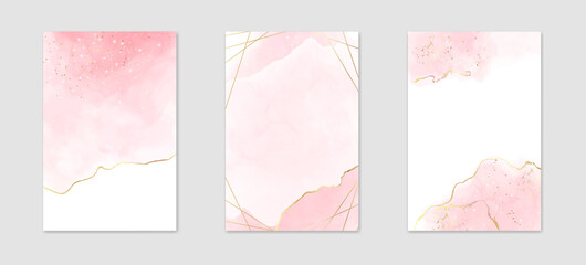 Abstract dusty pink liquid watercolor background with golden lines, dots and polygonal frame. Pastel marble alcohol ink drawing effect. Vector illustration design template for wedding invitation