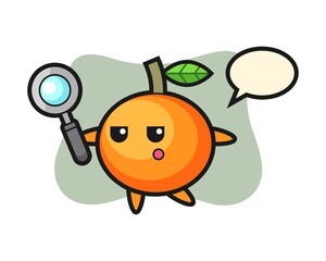 Mandarin orange cartoon character searching with a magnifying glass