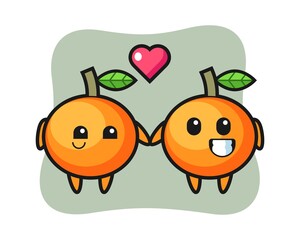 Mandarin orange cartoon character couple with fall in love gesture