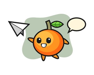 Mandarin orange cartoon character throwing paper airplane