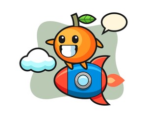 Mandarin orange mascot character riding a rocket