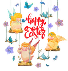 .Happy Easter, Easter card with angels, birds, flowers, butterflies. Christian Easter hand drawn elements isolated on white background. For children's publications, prints and designs, stationery