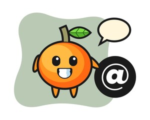 Cartoon illustration of mandarin orange standing beside the At symbol