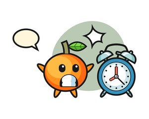 Cartoon illustration of mandarin orange is surprised with a giant alarm clock