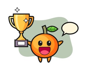 Cartoon illustration of mandarin orange is happy holding up the golden trophy