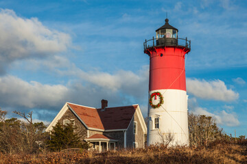 USA, Massachusetts, Cape Cod, Eastham. Nauset Light with Christmas wreath