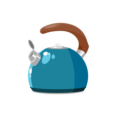 Tea pot with wooden brown handle isolated kettle with hot drink. Vector kitchen utensils, household appliance to boil water, tea coffee brewing device. Teapot with cap, tea-kettle of stainless steel