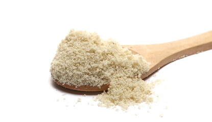 Fototapeta na wymiar Pile sesame protein powder in wooden spoon isolated on white background 