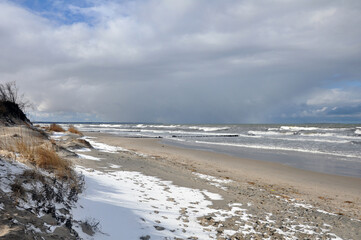Spring landscape of the Baltic Sea in early March 2021. The city of Zelenogradsk, Kaliningrad region. Dunes, Curonian Spit.