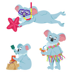 Koala family on vacation. Anthropomorphic animals in cartoon style.