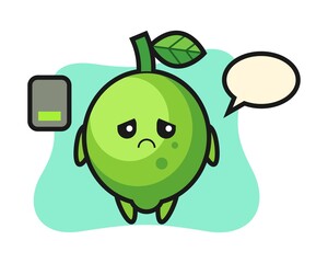 Lime mascot character doing a tired gesture