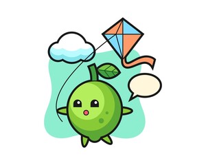 Lime mascot illustration is playing kite