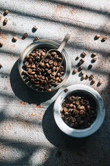 Coffee beans in ceramic plates on a gray background. Sunlight.