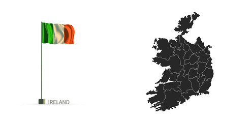 Ireland map. gray national vector map, and flag 3d illustration.