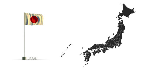 Japan map. gray national vector map, and flag 3d illustration.