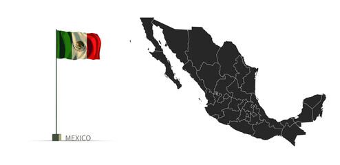 Mexico map. gray national vector map, and flag 3d illustration.