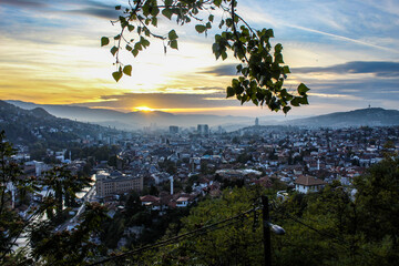 Sunset and Sarajevo. Panorama of the city of Sarajevo during sunset. City of Sarajevo.