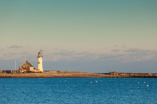 USA, Massachusetts, Scituate, Scituate Lighthouse at sunset.