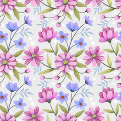Abstract floral seamless pattern design. Flowers and leaves on grey background.