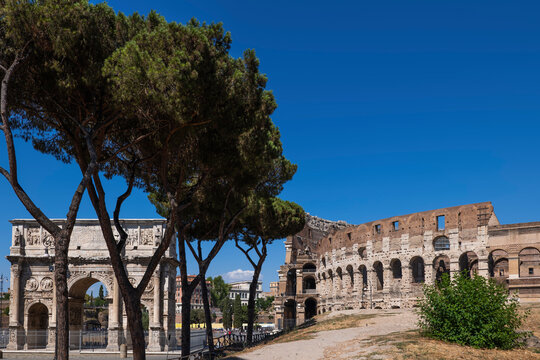 Italy, Rome, View of the Colosseum and Arch of Constantine