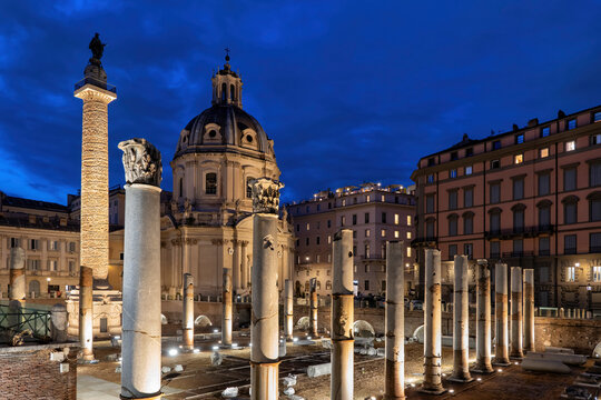 Italy, Rome, Trajan Forum and Column illuminated at night