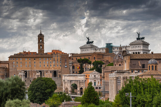 Italy, Rome, capital city cityscape, view from the Roman Forum