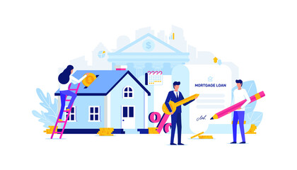 Vector Mortgage Loan Illustration Concept. House loan, money investment to real estate. Property money investment contract. Buying Home. Man and woman calculates home mortgage rate. Real estate agent.