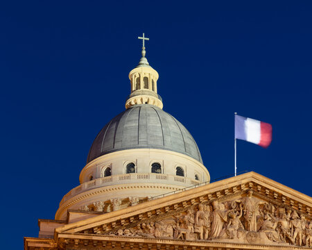 France, Ile-de-France, Paris, Dome of Pantheon standing against clear sky at night