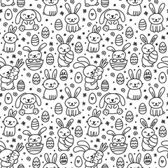 Cute hand drawn doodle Easter seamless pattern with bunnies, flowers, eggs. Beautiful black and white spring background