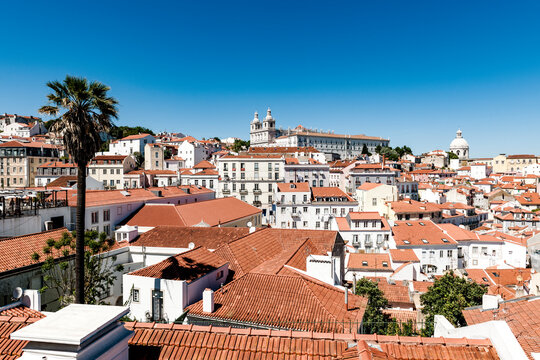 Portugal, Lisbon, Buildings roofs and Monastery of Sao Vicente de Fora in distance