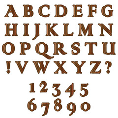 Capital letters of the latin alphabet, exclamation, question marks and numbers: 1, 2, 3, 4, 5, 6, 7, 8, 9, 0. Vector set of isolated brown elements with wooden texture on a white background.