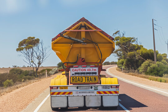 Australia, South Australia, Nullarbor Plain, Warning sign behind truck on Eyre Highway