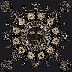 Vector circle of Zodiac signs with icons, esoteric symbols and a hand-drawn Sun on a black background. Mystical banner in retro style with horoscope symbols for astrological predictions