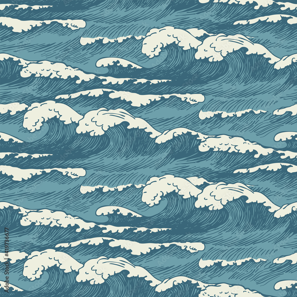 Aufkleber vector seamless pattern with hand-drawn waves in retro style. decorative repeating illustration of t