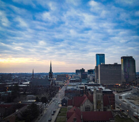 Drone view of Lexington, Kentucky skyline during sunrise