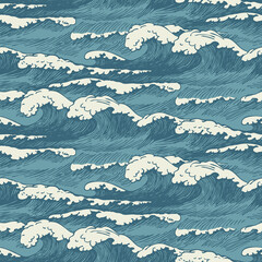 Vector seamless pattern with hand-drawn waves in retro style. Decorative repeating illustration of the sea or ocean, blue storm waves with breakers of seafoam