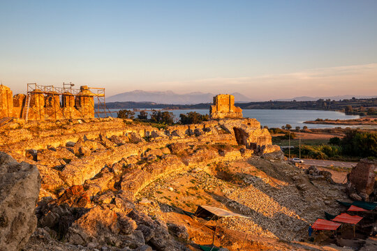 Sunset view of Ancient Roman Theater Of Nicopolis at Nicopolis, Preveza, Greece