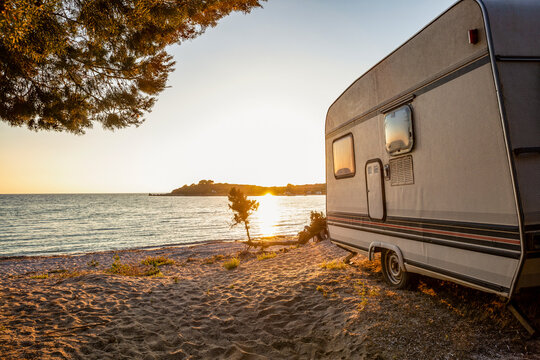 Motor home at Kerentza Beach during sunset at Ammoudia, Epirus, Greece