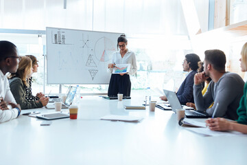 Businesswoman explaining strategy to colleagues over digital tablet on whiteboard in board room at coworking office