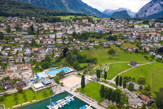 Switzerland, Spiez, Thuner lake, Aerial view of town in mountains